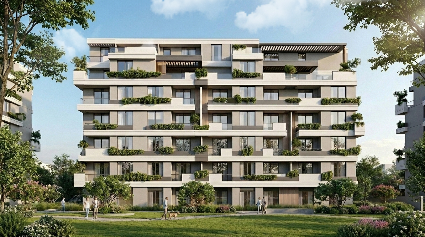 SkyView 3 contemporary residential facade with green balconies