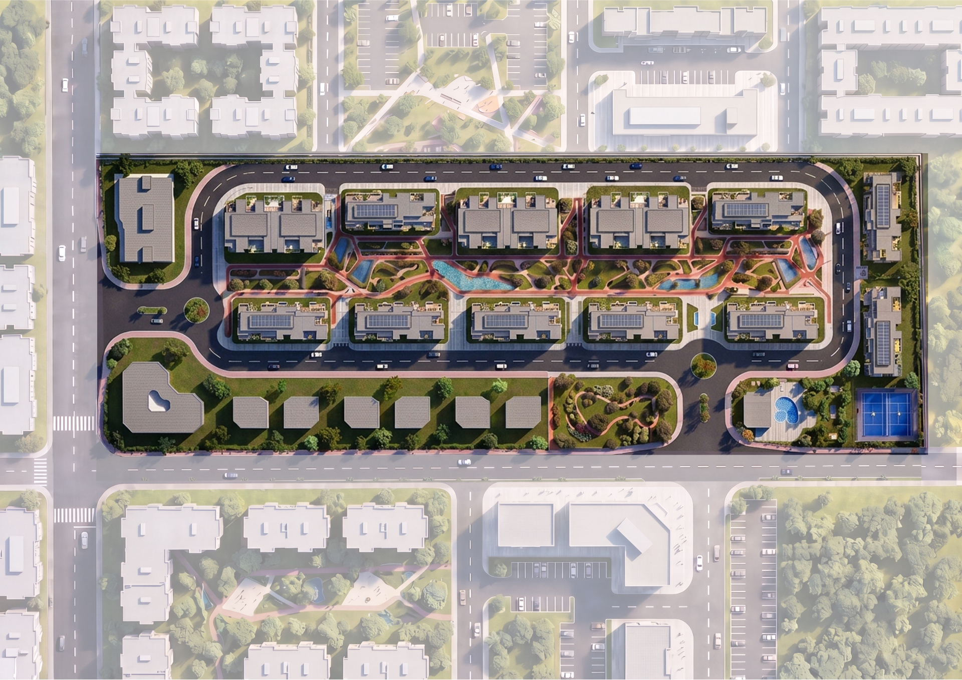 SkyView 3 master plan aerial view showing residential blocks, landscape, water features and pedestrian network